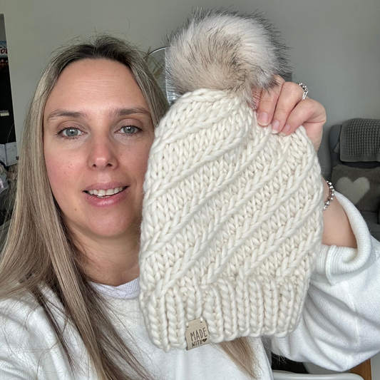 Merino Wool Twisted Braid Beanie Hat - Pearl - Handmade 100% Merino Wool