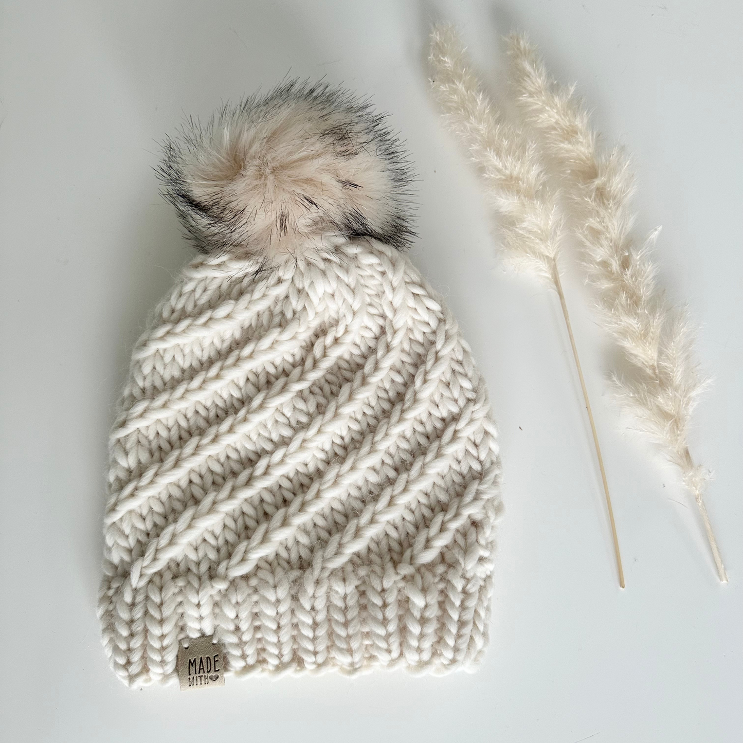 Merino Wool Twisted Braid Beanie Hat - Pearl - Handmade 100% Merino Wool