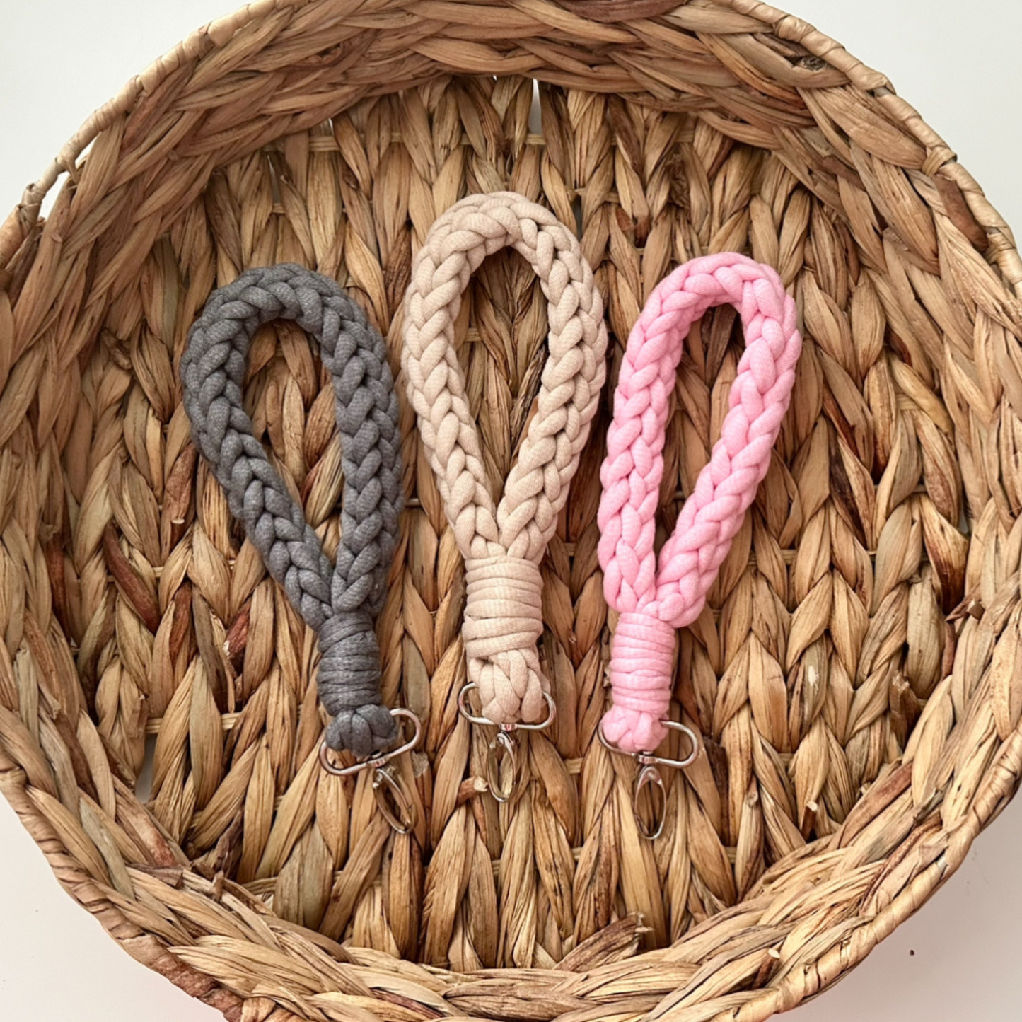 Crochet Chunky Boho Cord Wristlet Keychain Keyring Accessory with clasp - Baby Pink