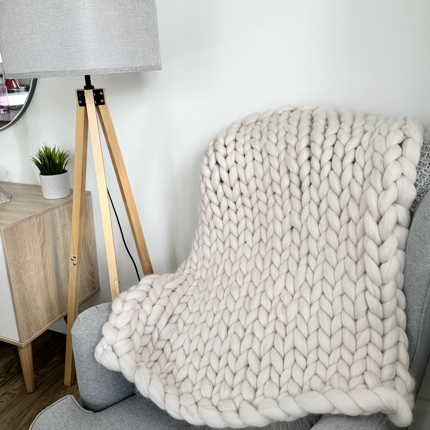 Merino Wool Super Chunky Knit Blanket Throw  - Pearl