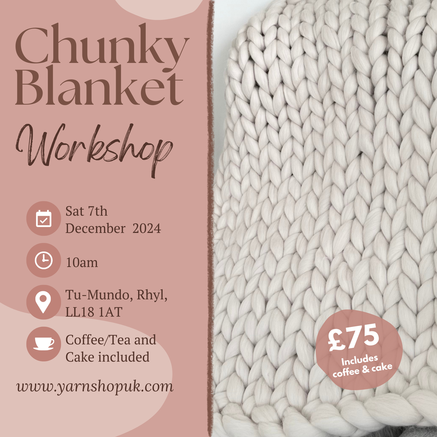 Tu-Mundo Rhyl - 7th December - Chunky Blanket Workshop - Only 2 spaces left