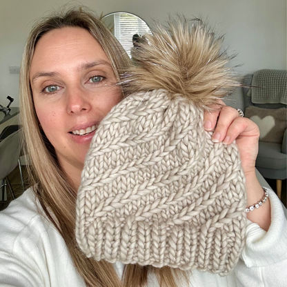Merino Wool Twisted Braid Beanie Hat - Fog - Handmade 100% Merino Wool - excluding pom pom