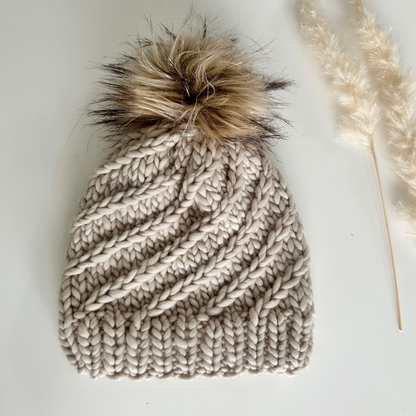Merino Wool Twisted Braid Beanie Hat - Fog - Handmade 100% Merino Wool - excluding pom pom