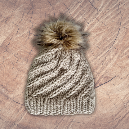 Merino Wool Twisted Braid Beanie Hat - Fog - Handmade 100% Merino Wool - excluding pom pom