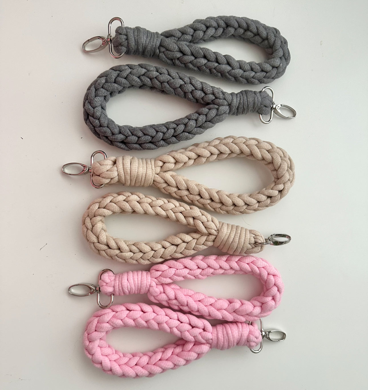 Crochet Chunky Boho Cord Wristlet Keychain Keyring Accessory with clasp - Baby Pink